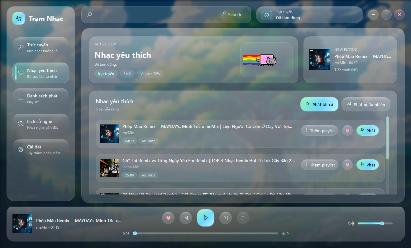 Giao diện chính của Trạm Nhạc với player và playlist - Ứng dụng nghe nhạc miễn phí Windows